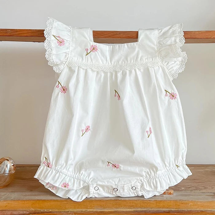 Mono para niñas recién nacidas, monos con bordado de flores de algodón y manga voladora, ropa para niñas pequeñas para verano