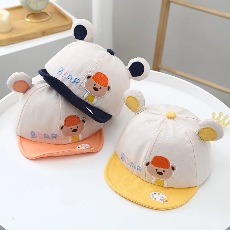 Gorra de béisbol con orejas de oso para bebé, gorro de algodón con visera, bordado bonito, ajustable, para el Sol, para verano