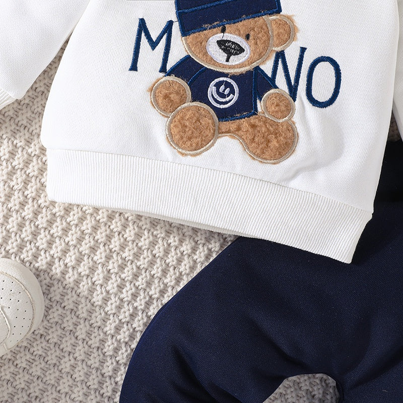 Terno para niño de 3 a 24 meses, camiseta de manga larga con estampado de oso de dibujos animados, pantalones azul marino, conjunto de ropa infantil