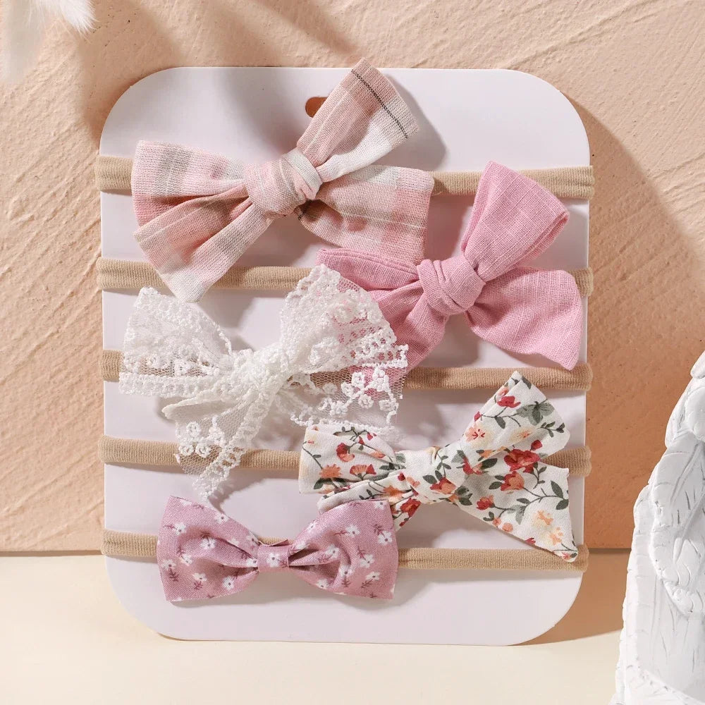 5 unids/lote, diadema elástica de nailon para bebé, banda para la cabeza con lazo de encaje y flores para recién nacido, accesorios suaves para el cabello para niña pequeña