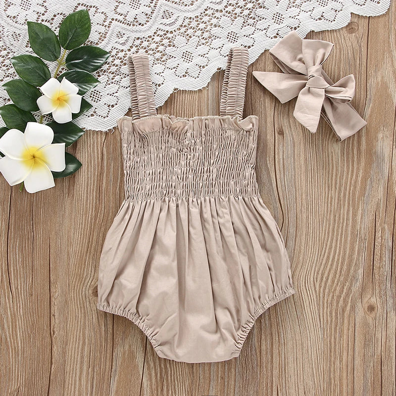 Pelele fruncido para bebé niña, ropa informal sin mangas para recién nacido con diadema, mono de verano, traje bonito para niño pequeño