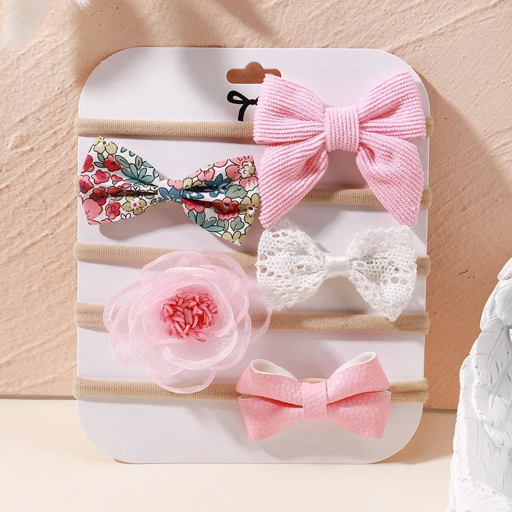 5 unids/lote, diadema elástica de nailon para bebé, banda para la cabeza con lazo de encaje y flores para recién nacido, accesorios suaves para el cabello para niña pequeña