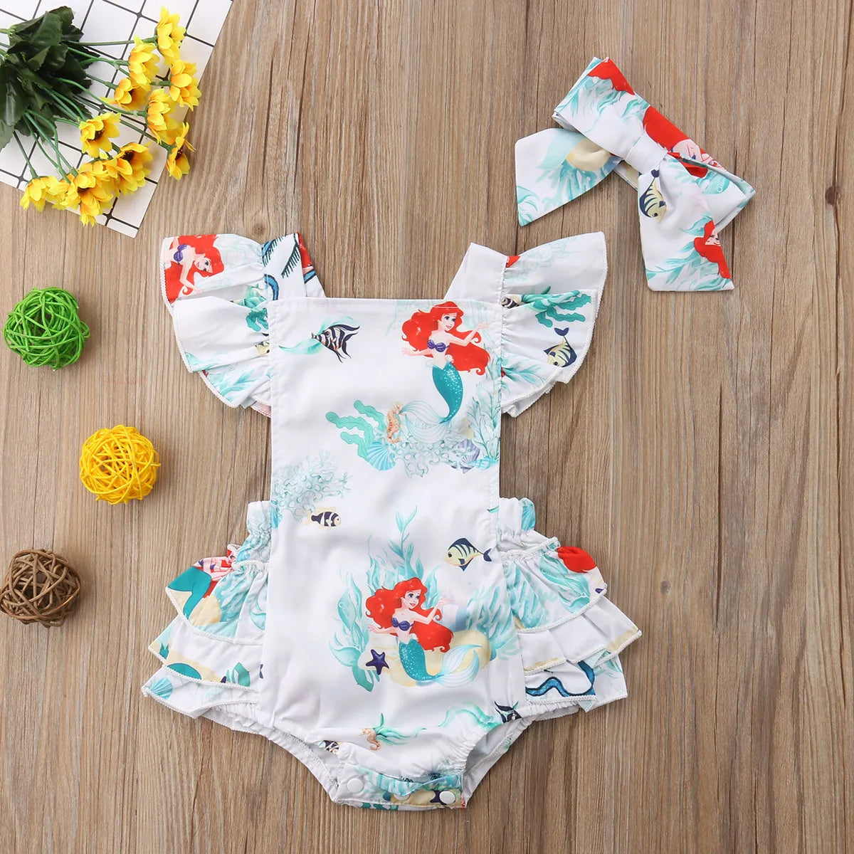 Pelele de verano para niñas recién nacidas con diadema, mono con estampado de sirena y manga con volantes y espalda descubierta, ropa de moda para bebés