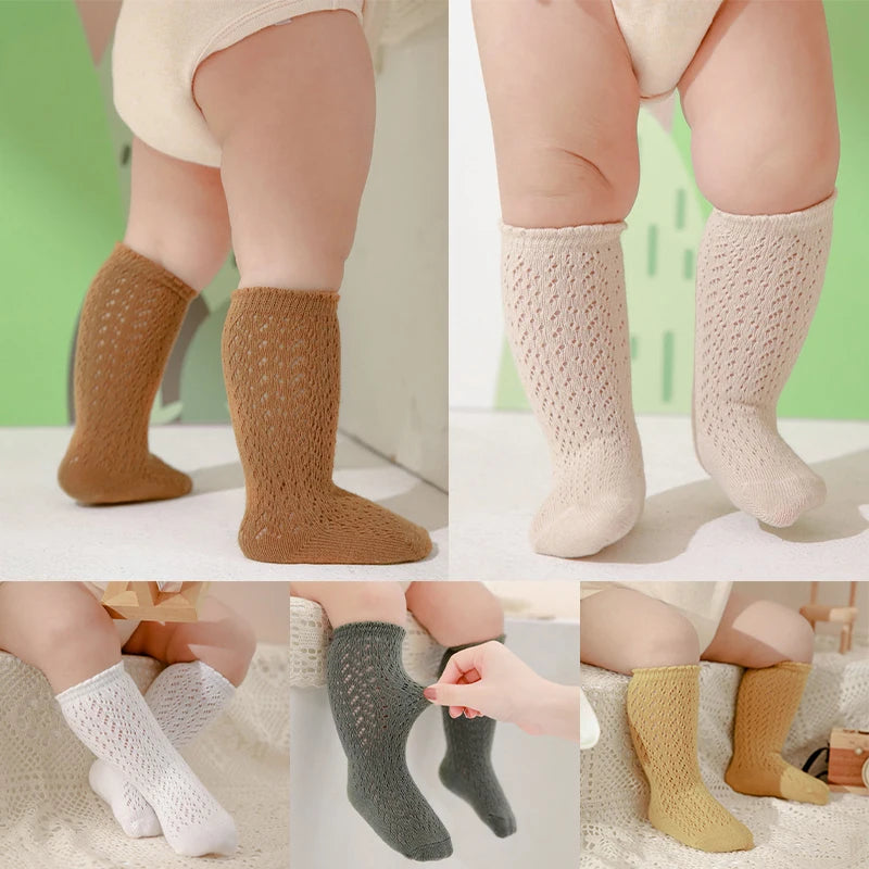 Calcetines de malla de punto para niñas pequeñas, medias de tubo largo hasta la rodilla, suaves, de algodón, para verano
