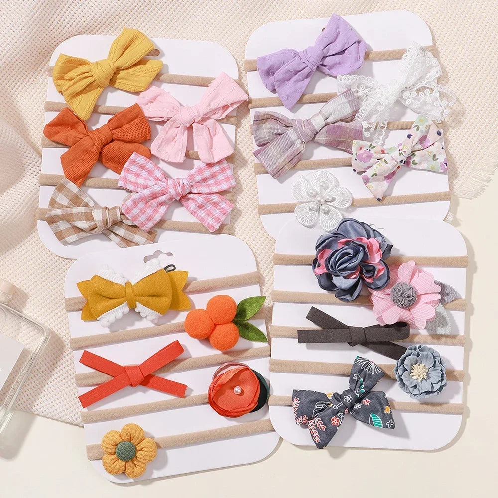 5 unids/lote, diadema elástica de nailon para bebé, banda para la cabeza con lazo de encaje y flores para recién nacido, accesorios suaves para el cabello para niña pequeña