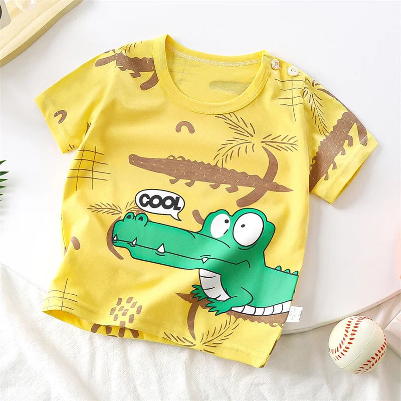 Camiseta de manga corta de algodón suave para verano, chándal con estampado de dinosaurio y perro de dibujos animados para bebés, ropa informal de 1 a 4 años