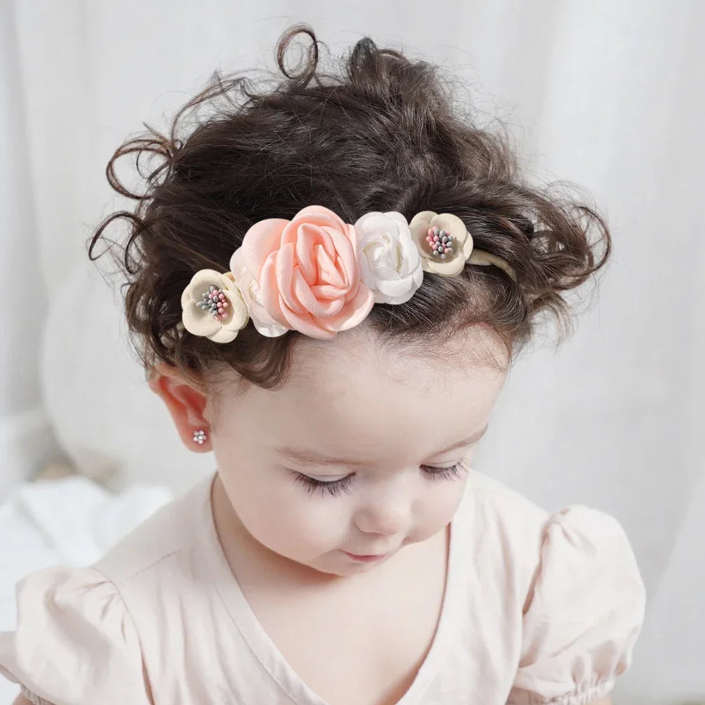 5 unids/lote, diadema elástica de nailon para bebé, banda para la cabeza con lazo de encaje y flores para recién nacido, accesorios suaves para el cabello para niña pequeña