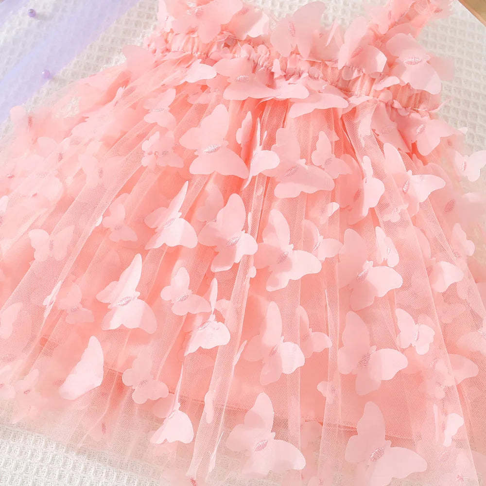 (0-3 años) novedad de verano, vestido para niñas, Color sólido, Halter, mariposa adornada, falda acampanada, vestido de princesa dulce de malla