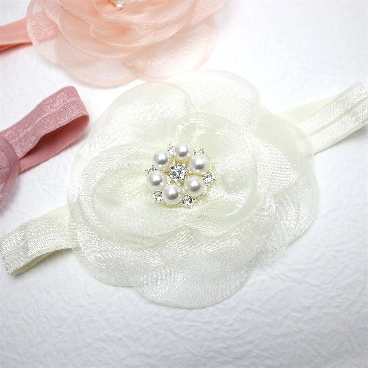 Boutique, diadema de flores de gasa de gran tamaño para niña, accesorios para el cabello, diadema de nailon con perlas de diamante para recién nacido, turbante para bebé bonito