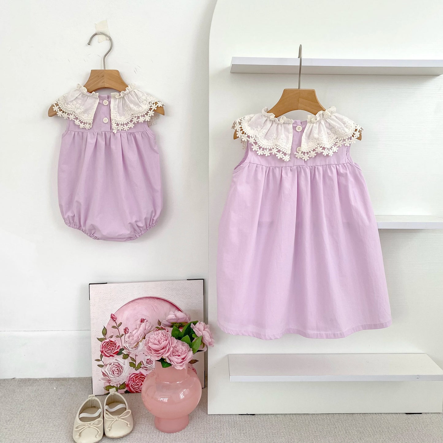 Vestido de encaje con cuello de pétalo para hermanas, peleles para bebés, ropa para niñas, vestido de princesa para fiesta con lazo, ropa dulce y bonita para niños