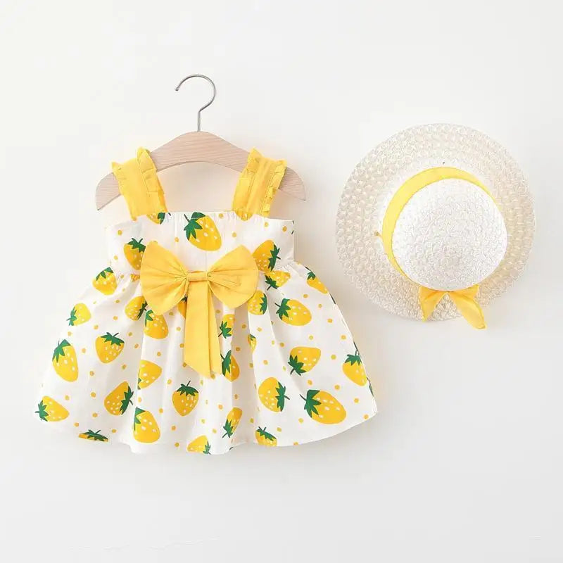 Vestido de verano para niña pequeña, versión coreana vestido Floral, elegante, algodón, pajarita, sombrero incluido