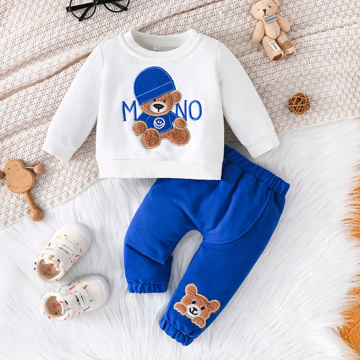 Terno para niño de 3 a 24 meses, camiseta de manga larga con estampado de oso de dibujos animados, pantalones azul marino, conjunto de ropa infantil