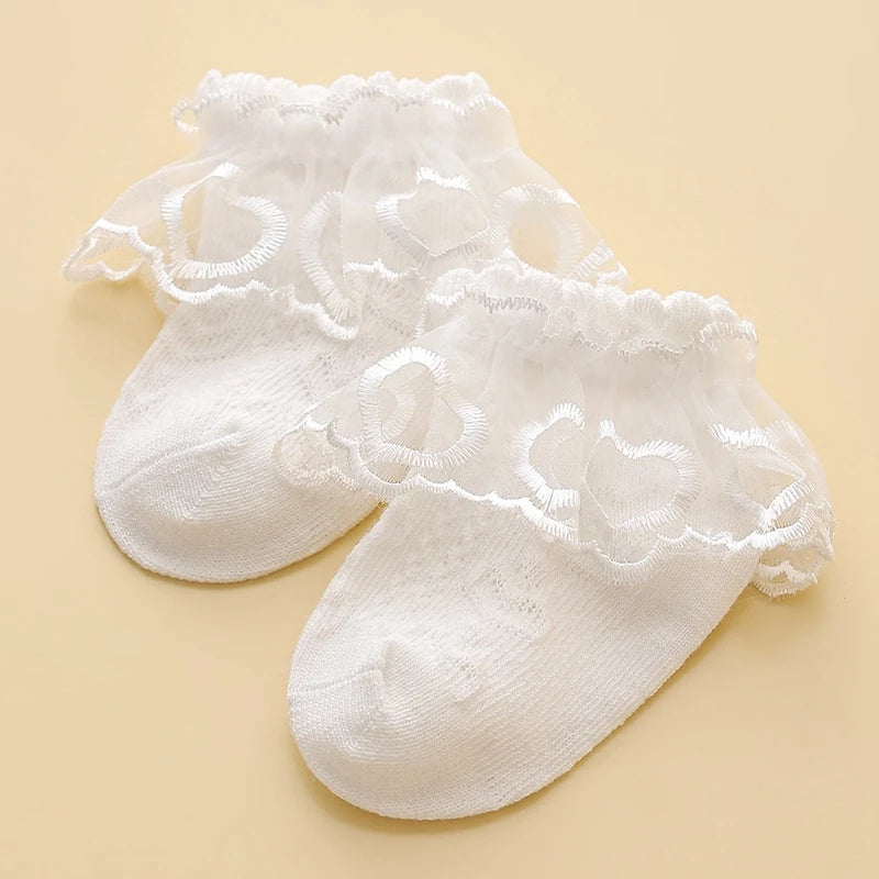 Calcetines florales de encaje de princesa para bebé, calcetines antideslizantes con volantes blancos bonitos para niñas pequeñas, calcetines de baile para niños, calcetines informales para pies infantiles