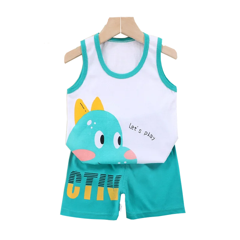Conjunto de 2 piezas de chaleco y pantalones cortos transpirables de algodón para niños y niñas, chándal de verano con estampado de dibujos animados, ropa informal, traje de 1 a 6 años