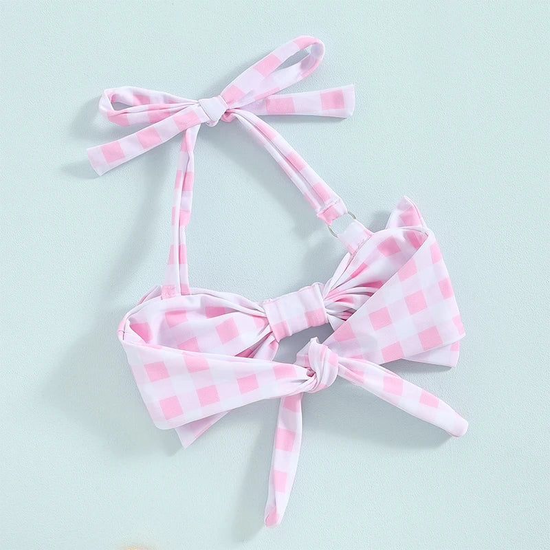 Conjunto de Bikini para niña pequeña, traje de baño de 2 piezas con cuello Halter, Bikini Floral sin mangas, Top anudado, pantalones cortos con estampado de flores a cuadros, 1-6T
