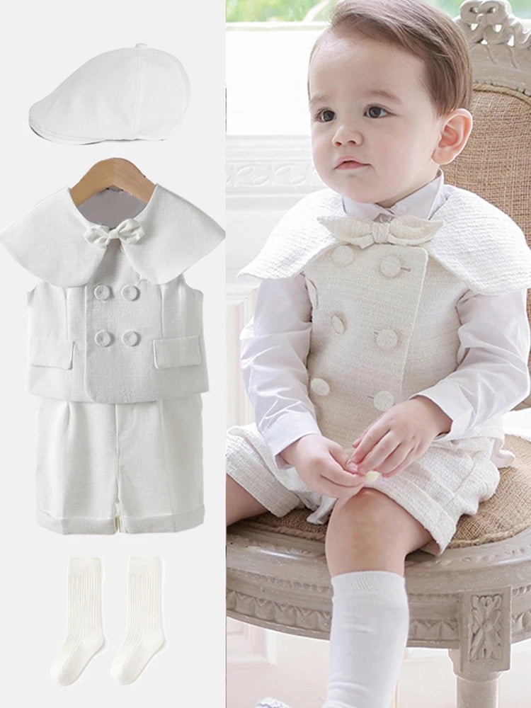 Trajes blancos para niños, vestido Formal de fiesta de bautismo a la moda, chaleco, chal, pantalones cortos, sombrero, conjuntos de 4 Uds., conjunto de ropa de Boutique de cumpleaños para niños