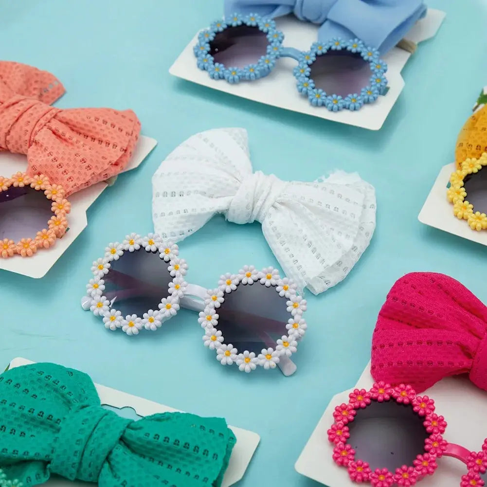 Juego de 2 uds de gafas de sol para niños, diadema con margaritas y flores, gafas de sol redondas para niños pequeños, gafas de protección solar para niñas