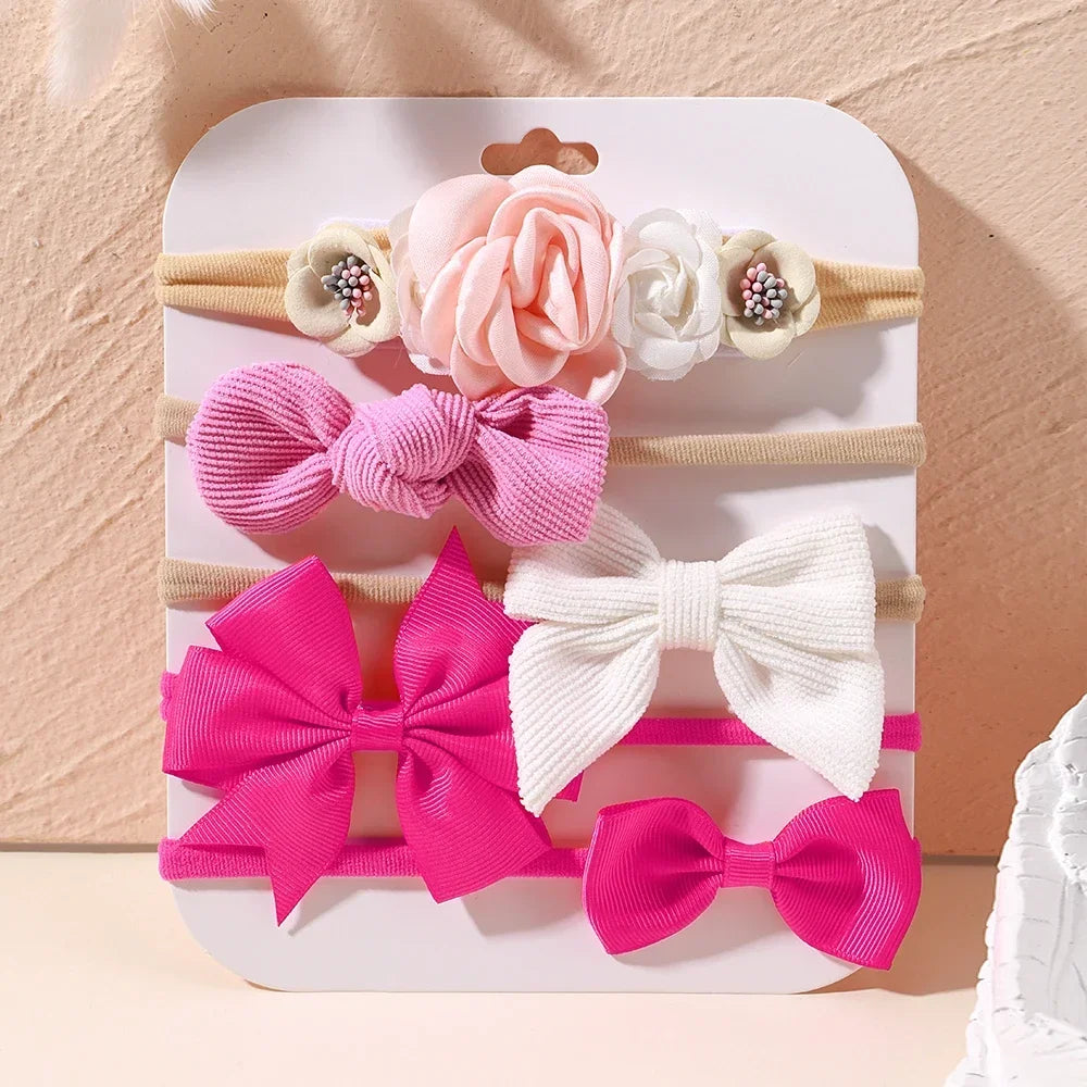 5 unids/lote, diadema elástica de nailon para bebé, banda para la cabeza con lazo de encaje y flores para recién nacido, accesorios suaves para el cabello para niña pequeña