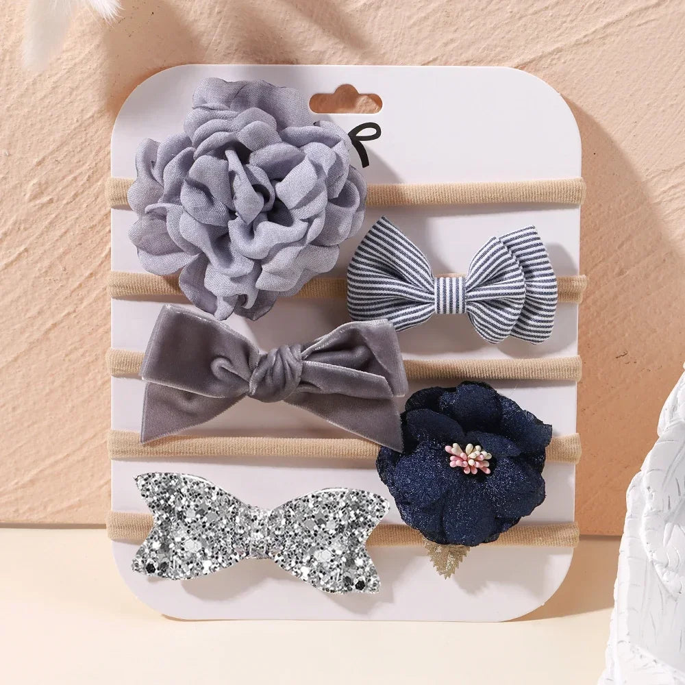 5 unids/lote, diadema elástica de nailon para bebé, banda para la cabeza con lazo de encaje y flores para recién nacido, accesorios suaves para el cabello para niña pequeña