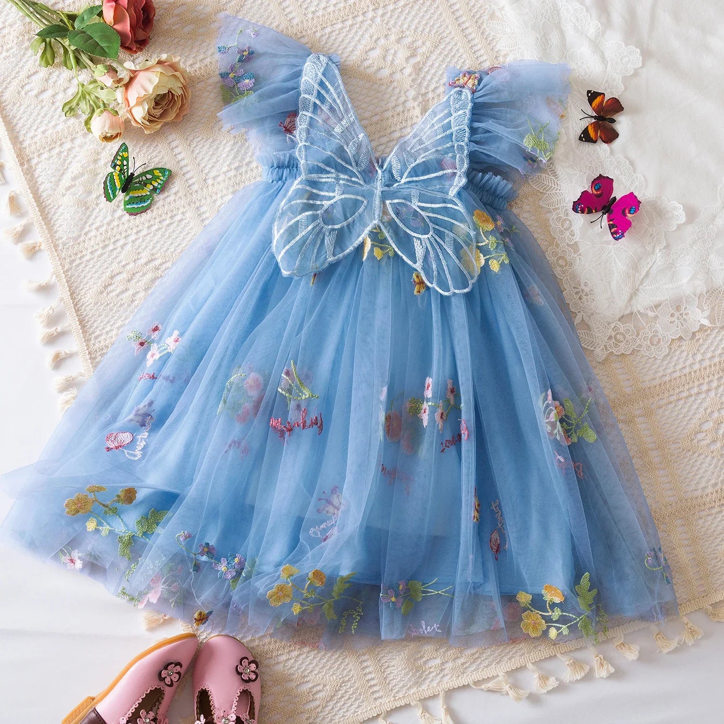 Toddler Baby Girls Summer Dress Puffy Mesh Tutu Princess Floral Embroidery Suspender Dress Baby Girls Birthday Party Clothes