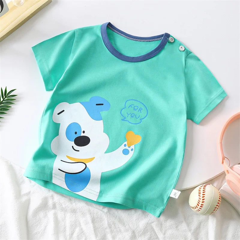 Camiseta de manga corta de algodón suave para verano, chándal con estampado de dinosaurio y perro de dibujos animados para bebés, ropa informal de 1 a 4 años