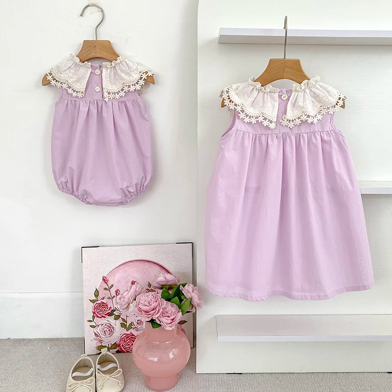 Vestido de encaje con cuello de pétalo para hermanas, peleles para bebés, ropa para niñas, vestido de princesa para fiesta con lazo, ropa dulce y bonita para niños
