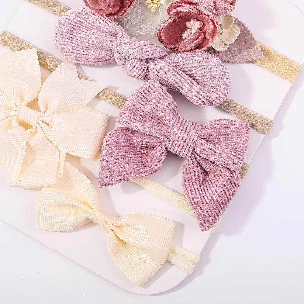 5 unids/lote, diadema elástica de nailon para bebé, banda para la cabeza con lazo de encaje y flores para recién nacido, accesorios suaves para el cabello para niña pequeña