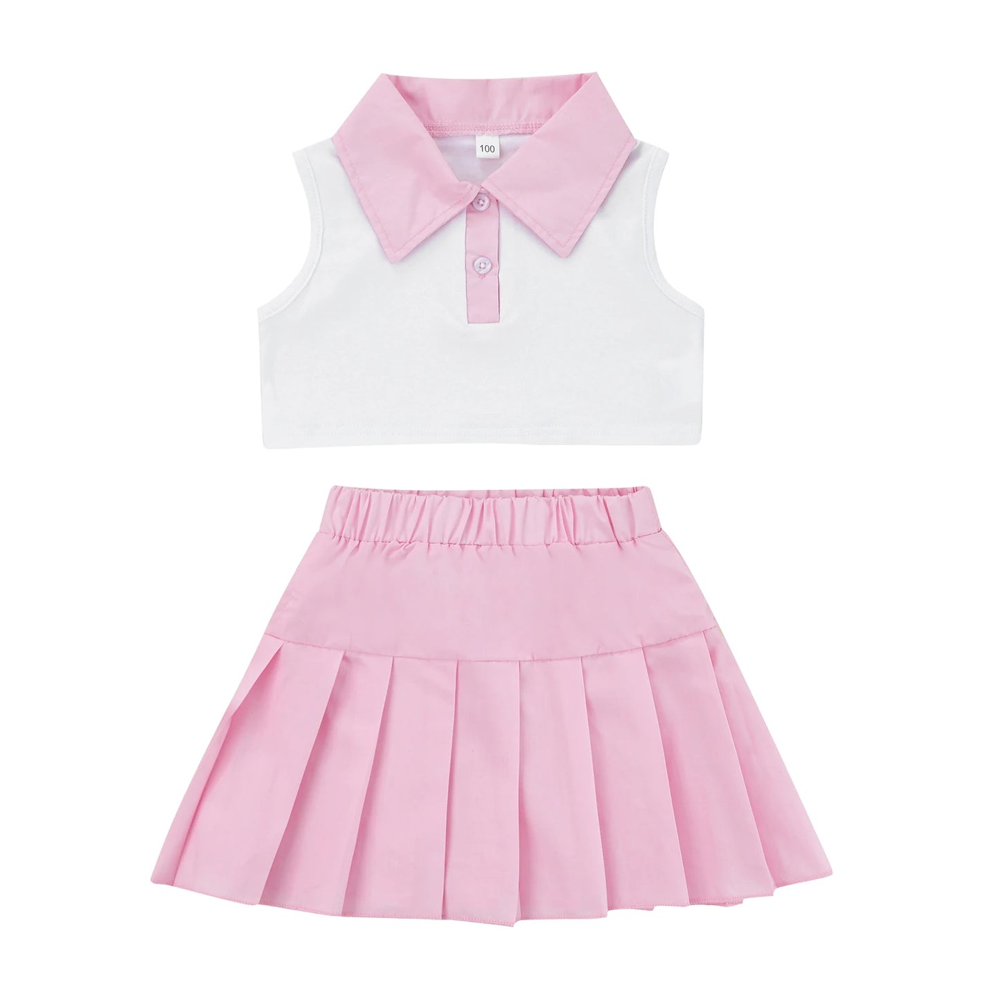 Conjunto de ropa de verano para niñas pequeñas, camiseta sin mangas con botones de solapa de retazos y Falda plisada, 2 a 7 años