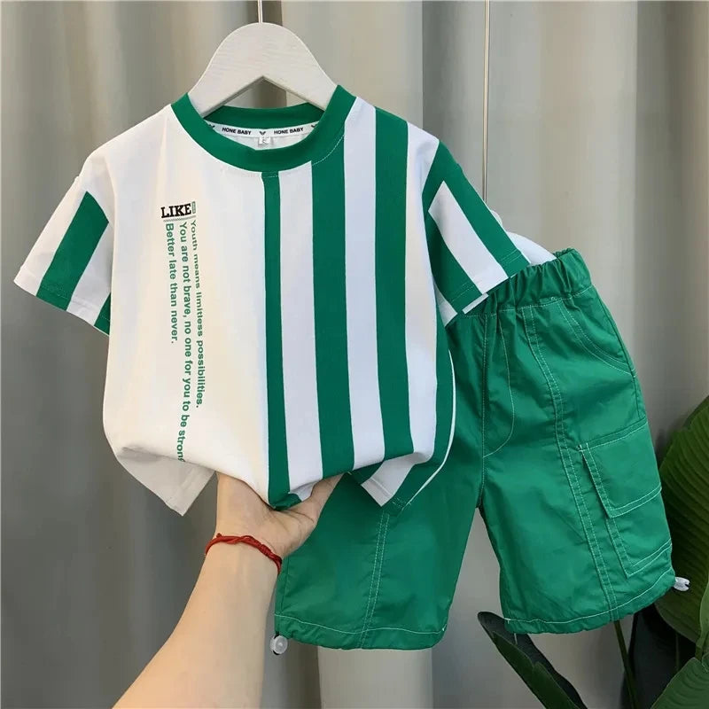 Conjunto de ropa de verano para niños y niñas, Top de manga corta informal, pantalones cortos, trajes de bebé para dos niños