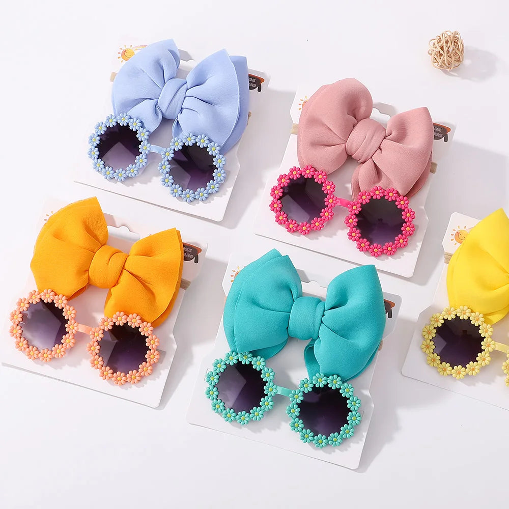 Conjunto de 2 uds de gafas de sol para niños, gafas de sol para bebés, diadema de nailon elástico, gafas de sol bohemias para playa, gafas de sol para la playa, sombreros con lazo para niños