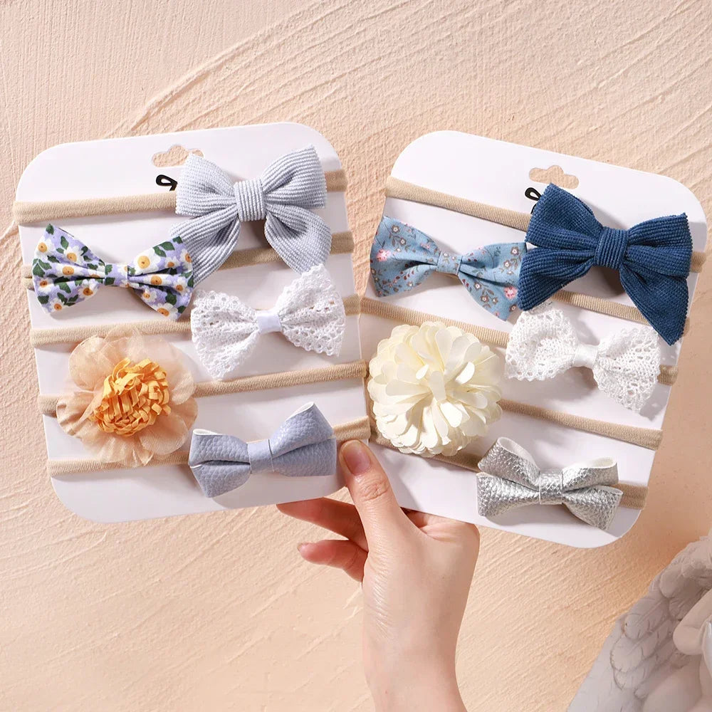 5 unids/lote, diadema elástica de nailon para bebé, banda para la cabeza con lazo de encaje y flores para recién nacido, accesorios suaves para el cabello para niña pequeña