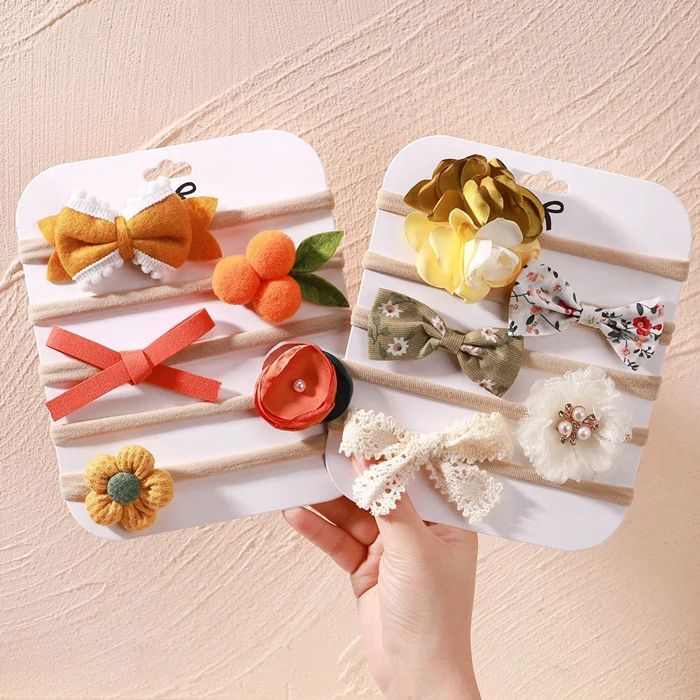 5 unids/lote, diadema elástica de nailon para bebé, banda para la cabeza con lazo de encaje y flores para recién nacido, accesorios suaves para el cabello para niña pequeña