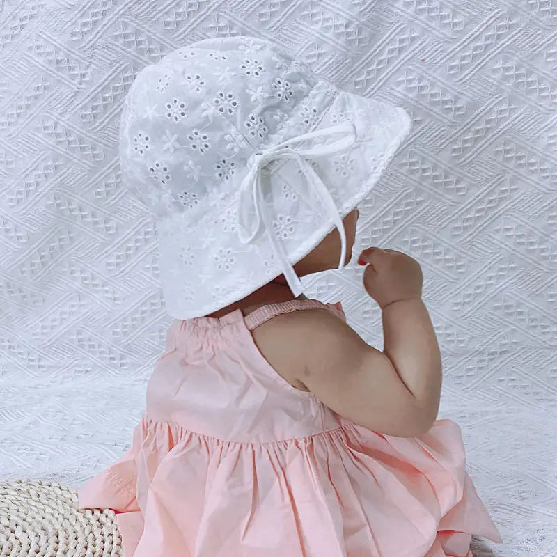 Sombrero de cubo para bebé al aire libre de verano, sombreros de sol de pescador con lazo de flores bordado para niñas pequeñas, gorra de playa transpirable de princesa