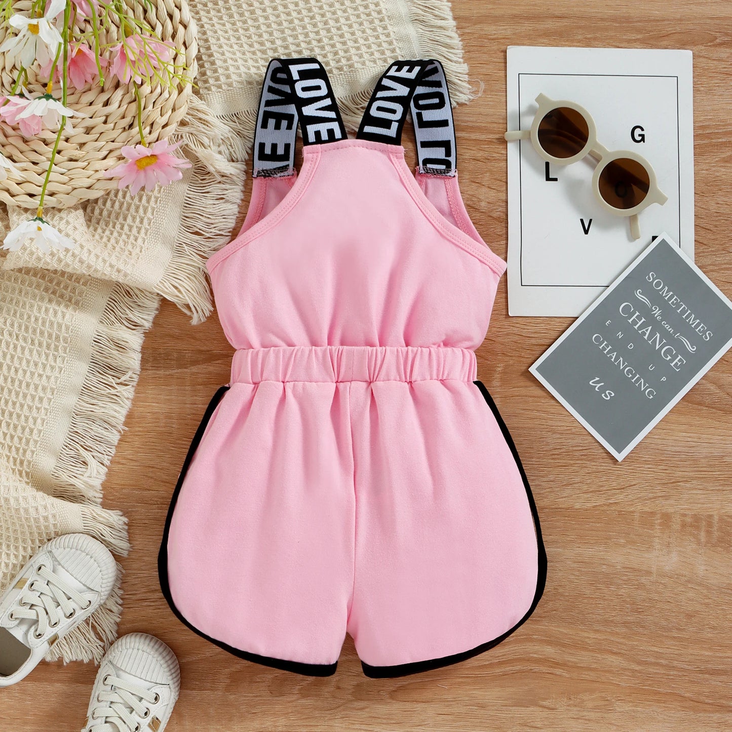 Pelele de verano para niñas pequeñas, sin mangas con cuello redondo y Mono corto estampado de letras, ropa de cintura elástica 9M-4T