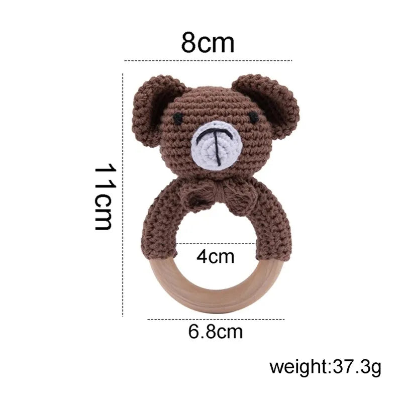 1 unidad de juguetes de sonajero para bebé, diseño de ganchillo de madera, conejo, conejo, zorro León, BearToy, regalo para recién nacido, mordedor de bebé, Crochet, nombre personalizado