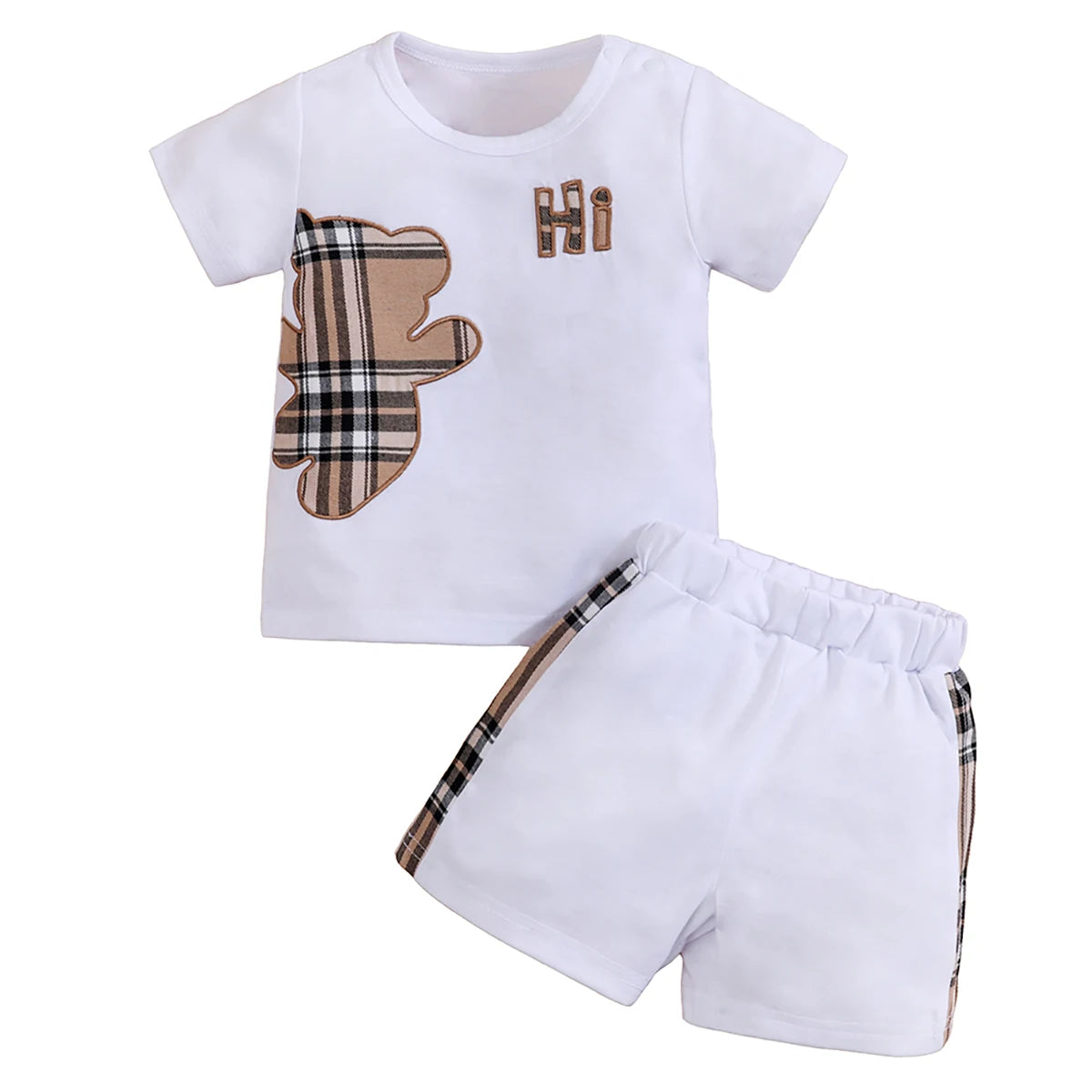 2pcs IURNXB Baby Clothes Set Infant Short Sleeve Tees+Shorts Cartoon Checked Bear Print Cute Kids Tops Pants Casual Suits 3-24M