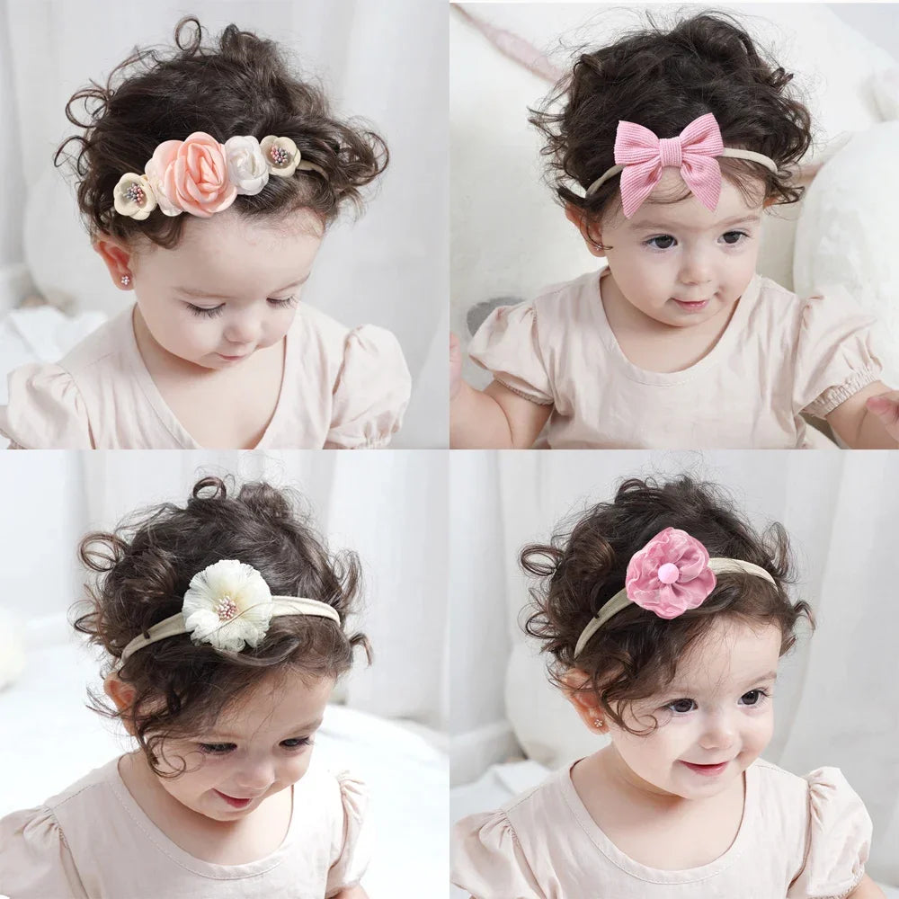 5 unids/lote, diadema elástica de nailon para bebé, banda para la cabeza con lazo de encaje y flores para recién nacido, accesorios suaves para el cabello para niña pequeña