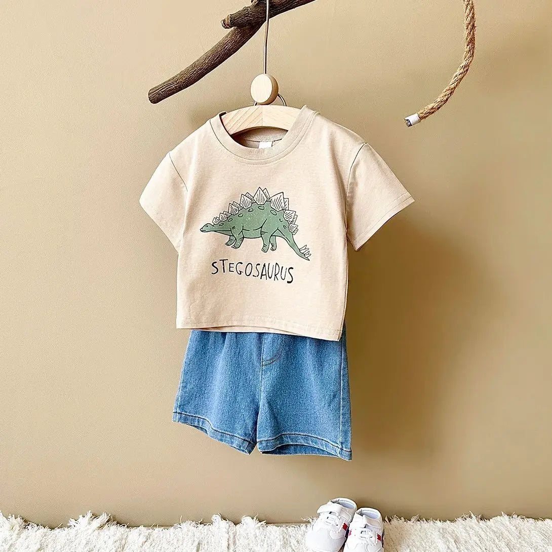 2024 Newborn Baby Boys Clothing Summer Set Cartoon Dinosaur Print Cotton Short Sleeved Denim Shorts Girl Clothes 0-3 Years