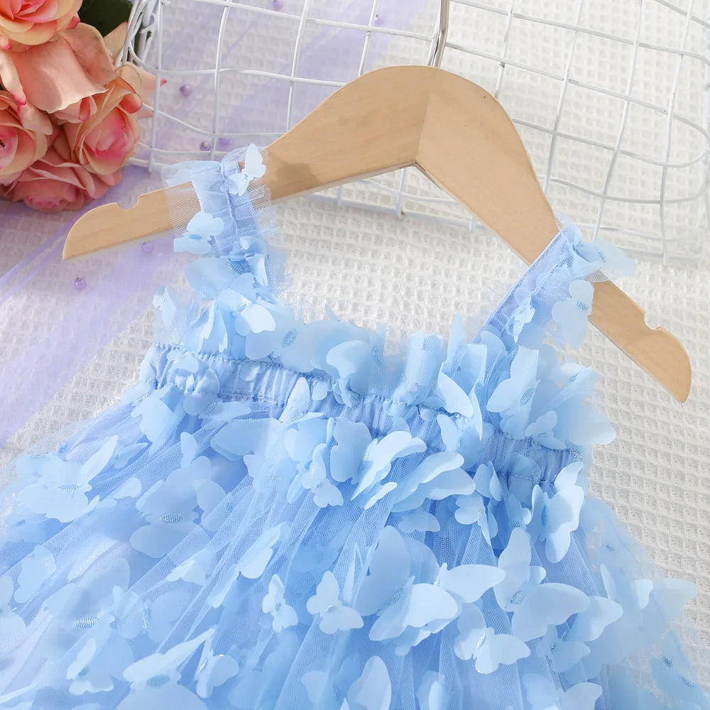 (0-3 años) novedad de verano, vestido para niñas, Color sólido, Halter, mariposa adornada, falda acampanada, vestido de princesa dulce de malla