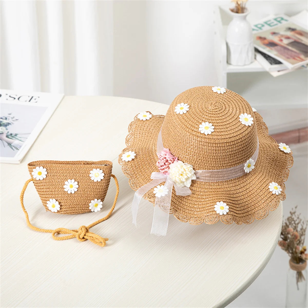 Sombrero de Sol para niños y niñas, conjunto de gorro con bolsa de paja, protección solar de viaje para bebé, sombreros de playa, sombrero de pescador para el sol, novedad de verano