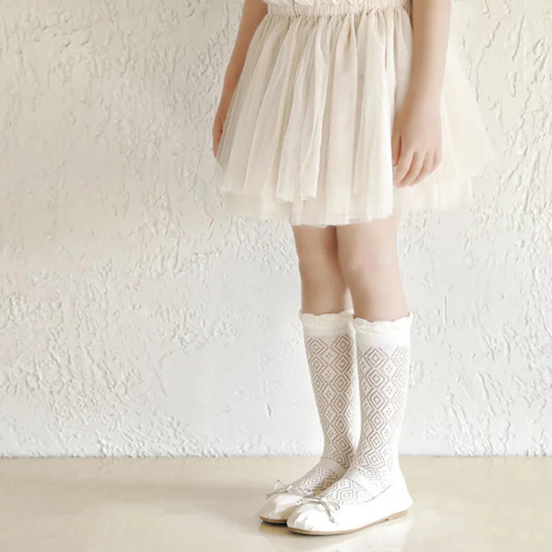 3 pares de medias con volantes de encaje blanco de princesa, calcetines de malla de verano para niñas, calcetines largos finos y transpirables para niños de 3 a 12 años, calcetines hasta la pantorrilla
