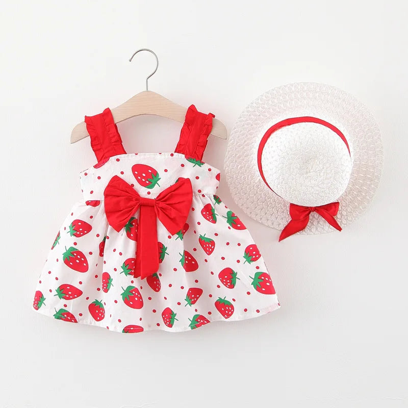 Vestido de verano para niña pequeña, versión coreana vestido Floral, elegante, algodón, pajarita, sombrero incluido