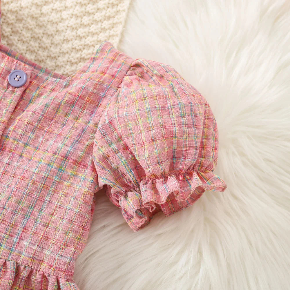 Conjunto de dos piezas de algodón a cuadros para niña, Top de manga de burbuja y pantalones cortos, estilo princesa, verano, 0 a 3 años