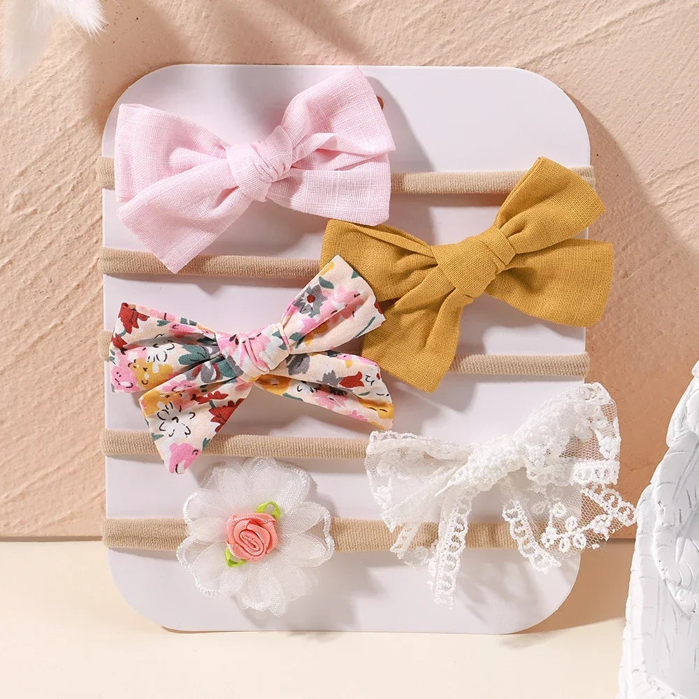 5 unids/lote, diadema elástica de nailon para bebé, banda para la cabeza con lazo de encaje y flores para recién nacido, accesorios suaves para el cabello para niña pequeña