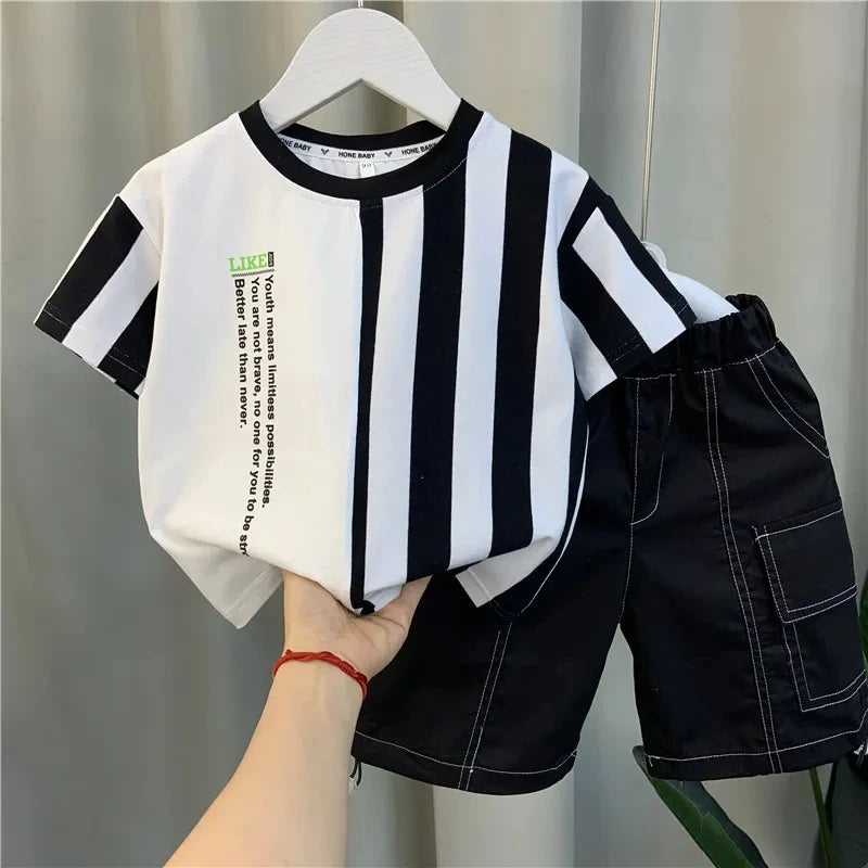 Conjunto de ropa de verano para niños y niñas, Top de manga corta informal, pantalones cortos, trajes de bebé para dos niños