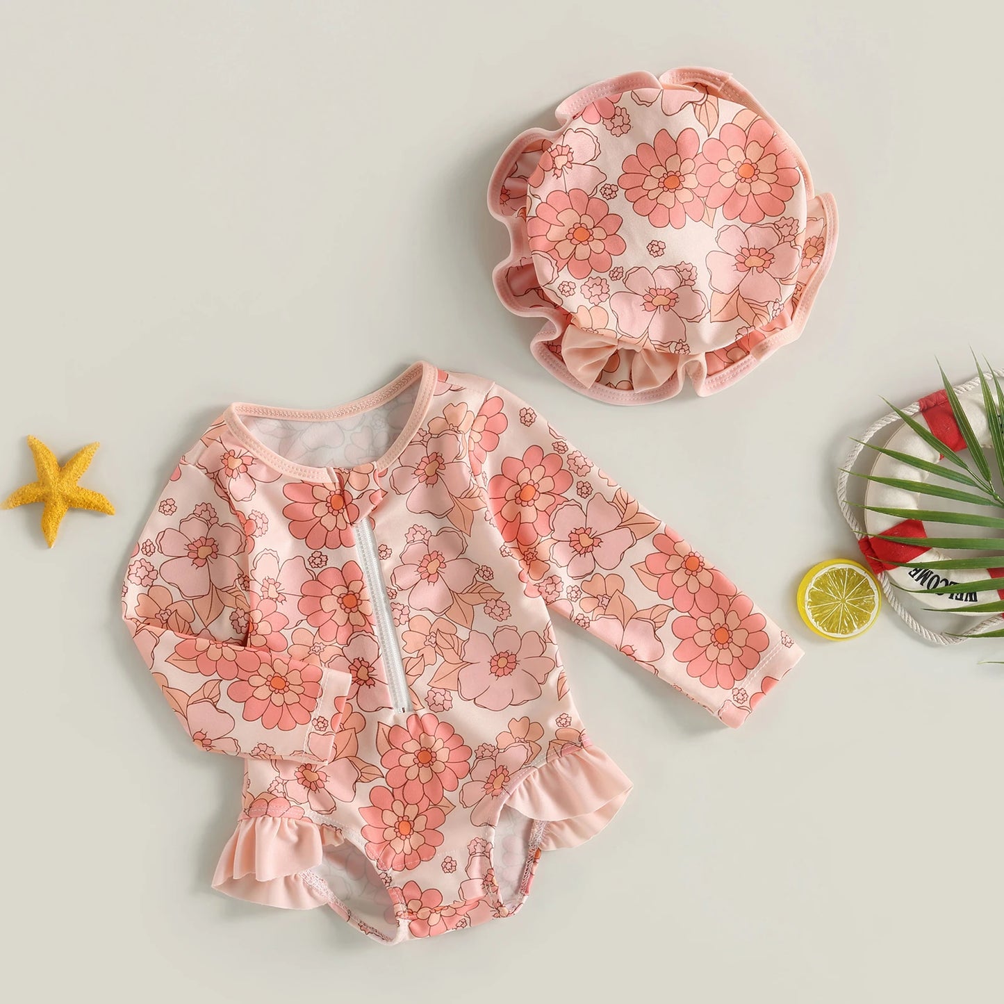 Traje de baño de manga larga para bebé y niña pequeña, Bañador con estampado de fresas y sombrero para el sol, 6M-3T