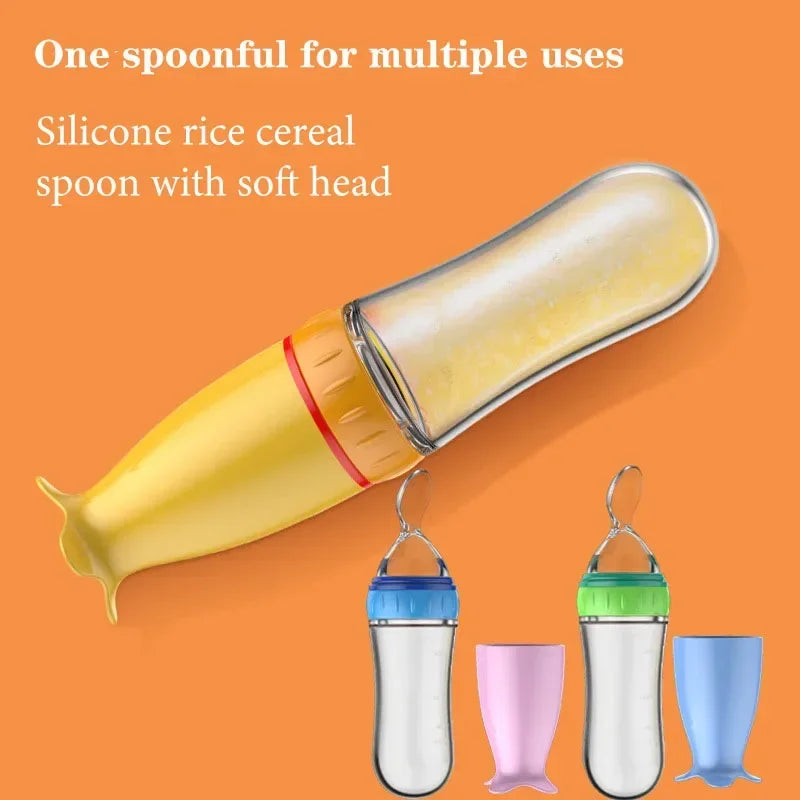Biberón de silicona útil y seguro con cuchara, suplemento alimenticio, botellas de cereales de arroz, cuchara para apretar, biberón de leche