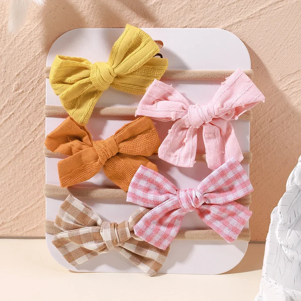 5 unids/lote, diadema elástica de nailon para bebé, banda para la cabeza con lazo de encaje y flores para recién nacido, accesorios suaves para el cabello para niña pequeña