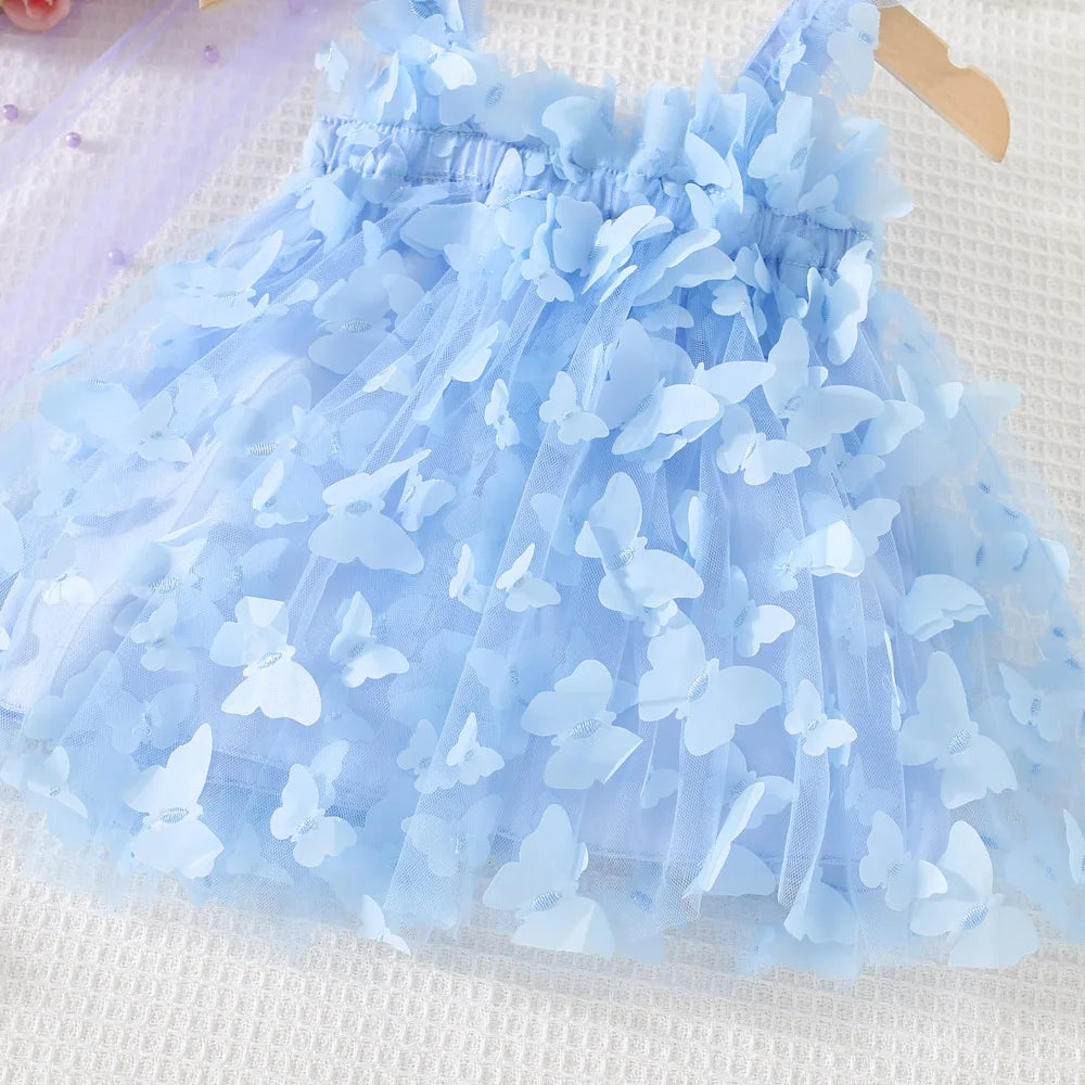 (0-3 años) novedad de verano, vestido para niñas, Color sólido, Halter, mariposa adornada, falda acampanada, vestido de princesa dulce de malla