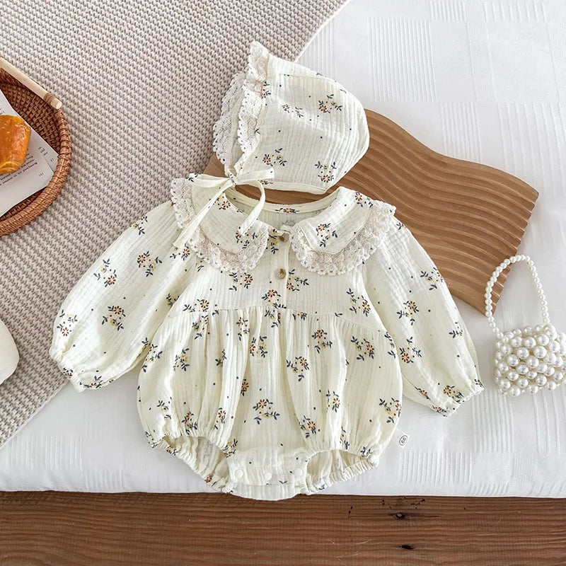 2025 primavera recién nacido bebé niñas mameluco + sombrero 2 uds solapa peleles florales niños moda ropa de bebé recién nacido niña mono